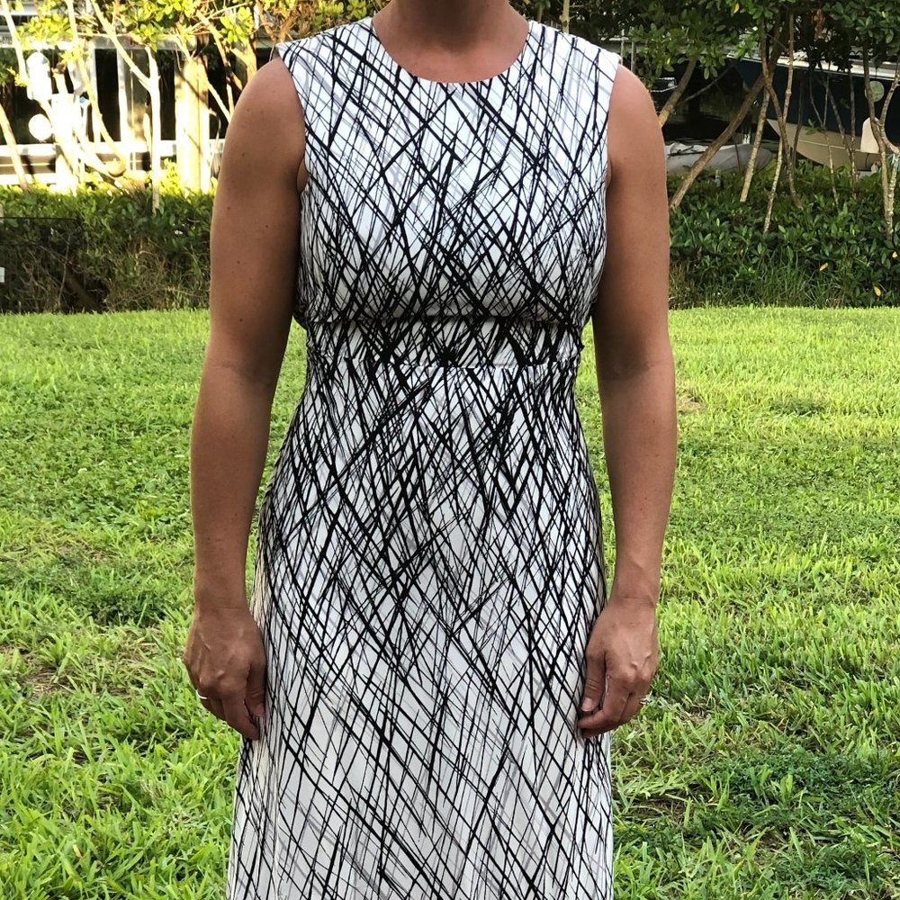 White and Black Lined Floor Length Formal Dress